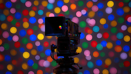 A classic camera is positioned centrally against a backdrop of colorful bokeh. The image showcases various hues and soft, blurred circles of light. The composition highlights the camera's form with a shallow depth of field. Suitable for visual storytelling, design projects, and diverse editorial applications.の素材