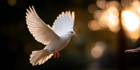 A white dove is captured mid-flight, its wings spread wide, showcasing intricate feather details. The image features a shallow depth of field, with a soft, blurred background in warm hues suggesting sunlight. This visual could be used in various commercial projects, symbolizing concepts such as peace and freedom.の素材