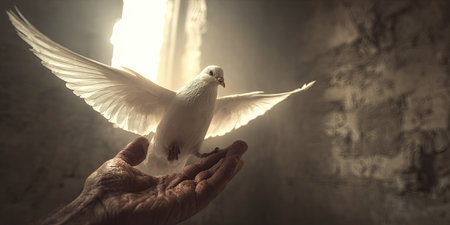 A white dove is held in a human hand, its wings outstretched against a backdrop of diffused light. The image displays a soft, ambient style with a focus on light and shadow. Potential uses include editorial illustrations, spiritual concepts, or symbolic representations of peace. The composition is dramatic, with the light adding a heavenly feel.の素材