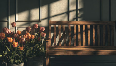 A wooden bench is positioned beside a cluster of tulips illuminated by warm sunlight. The image showcases a contrast of textures, with the smooth wood and the delicate petals. The scene suggests an outdoor setting during daylight hours. Potential uses include editorial illustrations or decorative design projects.の素材