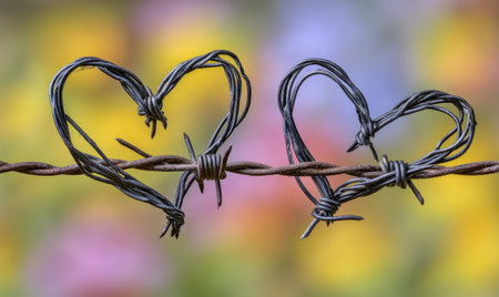 Two heart shapes are formed from dark wire, intertwined on a strand of barbed wire. The composition is close-up, with a shallow depth of field, showcasing the texture and the heart shapes. The background features a vibrant array of colors, suggesting an outdoor setting. This image may be suitable for a variety of creative and illustrative uses.の素材