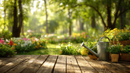 A wooden deck overlooks a vibrant garden scene with lush greenery and colorful flowers. A metal watering can sits beside potted plants. The image is bathed in sunlight, with a soft focus in the background. Suitable for various uses, this image evokes a sense of nature and tranquility.の素材