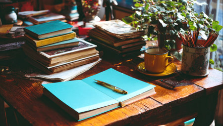 An overhead view displays a wooden desk cluttered with books, a pen, and a coffee cup. Natural light illuminates the scene, casting soft shadows. The composition features a stack of books with vibrant covers alongside the open book with the pen. This image could be suitable for editorial content or commercial projects.の素材