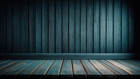 A wooden surface and vertical plank wall form the backdrop, illuminated with subtle lighting. The image showcases a natural texture with visible wood grain, rendered in cool tones. This composition suggests a simple, clean aesthetic suitable for product showcasing or design applications. The dark tones provide copy space.の素材