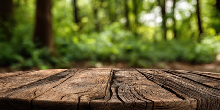 A close-up view presents a weathered wooden table set against a blurred, lush green forest. The composition emphasizes the table's texture and detail, contrasted by the soft, diffused backdrop. Ideal for showcasing products, the image offers a sense of natural beauty and can be used for various commercial or design projects.の素材