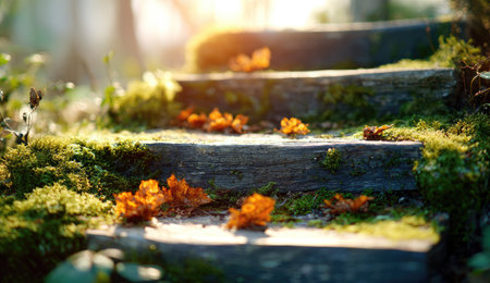An image showcases wooden stairs covered in vibrant green moss and scattered orange leaves. The composition is illuminated by bright sunlight creating a warm, soft glow. The textures of wood and plant life suggest a natural outdoor environment, suitable for various editorial and commercial applications.の素材