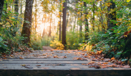 A wooden walkway winds through a forest, bathed in sunlight. The image showcases trees with green and yellow foliage. The composition features a pathway leading into the distance. It could be used in various commercial or editorial applications for nature or travel content.の素材