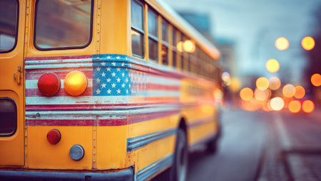 A vibrant yellow school bus, adorned with an American flag design, is captured on a blurred city street. The composition features a shallow depth of field, with soft bokeh highlighting the background. This image is suitable for various commercial uses, including educational materials and editorial content.の素材