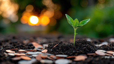 A close-up view presents a small, green plant emerging from dark soil, with scattered coins around its base. Warm, blurred sunlight provides a soft backdrop. The image emphasizes concepts of growth, investment, and potential, suitable for a range of commercial applications.の素材