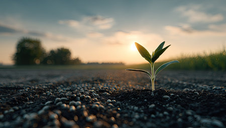 A close-up captures a young plant emerging from the soil, illuminated by soft sunlight. The composition features a shallow depth of field, with a blurred backdrop and foreground. The image presents a color palette of greens, browns, and oranges. It could be used in various commercial or editorial applications related to nature or agriculture.の素材