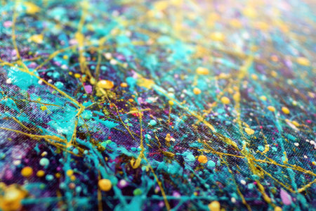 This image presents an abstract artwork featuring a canvas covered in colorful paint splatters. Dominant shades include turquoise, yellow, and purple, creating a dynamic composition. The texture and style suggest a modern approach, possibly for decorative or illustrative purposes. It could be used in various commercial or design-related projects.の素材
