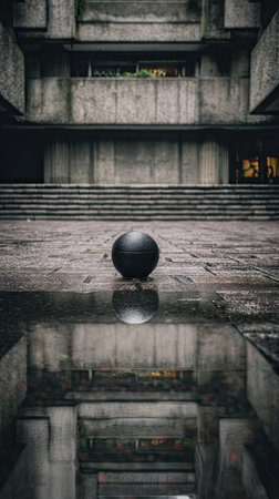 A close-up captures a dark sphere resting on a stone surface, mirroring in a reflective pool. The image showcases a concrete structure with angular details and stairways. The muted color palette of gray and black suggests a modern architectural setting, suitable for conceptual, abstract, or design-related projects.の素材