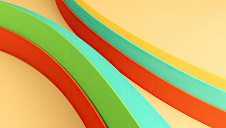This image showcases abstract, colorful curved lines arranged against a soft background. The design features layers of vibrant colors, creating a sense of depth and movement. It is visually appealing with its smooth texture and playful composition, which is suitable for various commercial and editorial applications.の素材