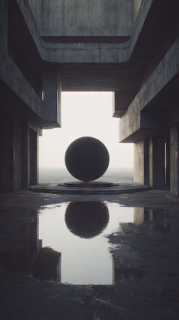 An enigmatic image presents a dark sphere suspended within a geometric, concrete structure. The scene is dominated by shades of gray and a play of light and shadow, suggesting an interior or exterior architectural setting. This visual concept is likely suitable for various conceptual projects or as an illustration.の素材