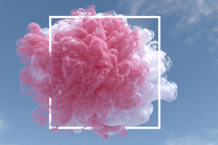A vibrant image depicts a cloud of pink and white color billowing against a clear blue sky. The composition showcases fluid shapes and textures, with the color blending to form a dynamic explosion. The bright daylight scene provides a visually striking composition with potential uses in advertising and design projects.の素材