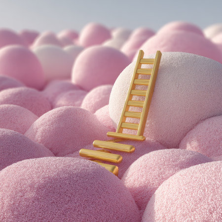 A yellow ladder stands on a bed of pink and white spheres in this digitally rendered image. The soft, rounded forms create a whimsical and surreal composition, suggesting a dreamlike environment. The style is clean and minimalistic, with a focus on color and texture. Suitable for various creative projects and visual communication purposes.の素材