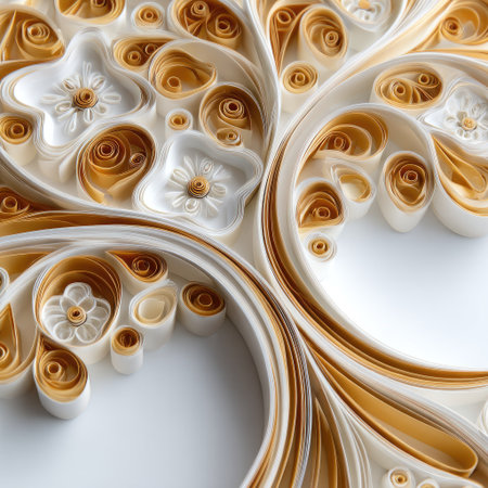 This image showcases a detailed paper quilling artwork, featuring intricate floral and ornamental designs. The composition uses a palette of white and golden-yellow hues, displaying a high-angle perspective. The decorative style and textured surface create a sense of depth. This image can be used for various design projects or artistic applications.の素材
