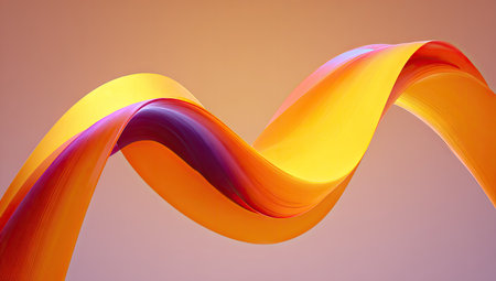 An abstract composition features a swirling form composed of layered colors. The image displays shades of orange, yellow, and purple, creating a sense of depth. The lighting is soft and diffused, highlighting the curves of the design against a gradient background. Suitable for use in design projects or as a visual element.の素材