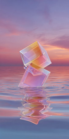 Two translucent cubes are positioned on the water surface, reflecting the warm hues of a sunset. The composition exhibits a sense of balance and harmony, with smooth textures and gradient colors. The overall effect creates a serene atmosphere, suitable for various design projects and visual content.の素材