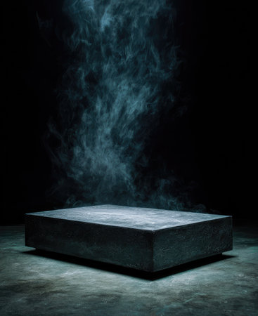 An empty stage or platform is the central focus, illuminated from above. Wisps of smoke or fog create an ethereal atmosphere. The image presents a minimalist design with a dark background and textured surfaces. Suitable for commercial or editorial applications, this visual can be used to showcase products or ideas.の素材