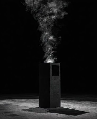 A dark, rectangular object emits a plume of smoke, captured against a black background. The image showcases a contrast of light and shadow, highlighting the textural quality of the smoke. The composition suggests an indoor setting, and could be utilized for various creative or artistic projects.の素材