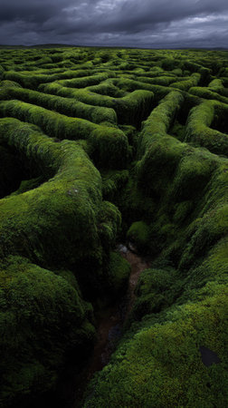 A striking overhead view captures a sprawling green labyrinth of moss, set against a backdrop of a cloudy sky. The intricate texture and winding paths create a sense of depth and complexity. The scene might be suitable for editorial or commercial projects, evoking themes of nature and exploration.の素材
