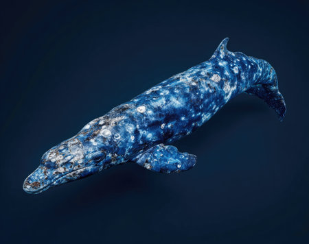 This image showcases a stylized blue whale sculpture, rendered in shades of blue with textured details. The composition features a front view of the creature, set against a dark backdrop. Suitable for various applications, it could be used for illustrative purposes in print or digital media, offering visual interest.の素材