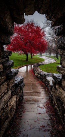 A vibrant red tree stands prominently in a green field, viewed through a stone archway. A wet stone pathway leads to a winding road, reflecting the overcast light. The scene showcases a natural outdoor setting with a focus on textures and color contrast. Ideal for editorial content or design projects.の素材