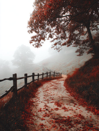 A winding dirt road, flanked by a wooden fence, leads through a misty environment. The scene showcases a palette of red and brown hues, with fallen leaves and lush vegetation. Soft lighting suggests an overcast day, providing potential for various commercial and artistic uses.の素材