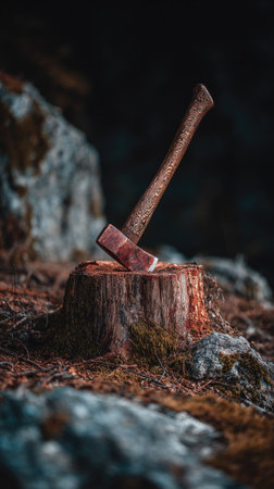 An ax is embedded in a tree stump, showing a wooden handle and a metal blade. The image presents an outdoor scene with a shallow depth of field, focusing on the details of the wood and the axe. This composition could be used for illustrations, editorial content, and various design projects.の素材