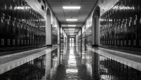 A grayscale perspective showcases a hallway lined with lockers, extending into the distance. The polished floor reflects the overhead lighting. The composition employs symmetry. This image is well-suited for conceptual uses like education, architecture, or design projects. The monochrome style creates a sense of timelessness.の素材