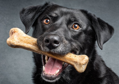 A close-up captures a black dog holding a large bone in its mouth. The image highlights the dog's black fur and brown eyes against a gray background. Soft studio lighting illuminates the subject creating a sense of focus. Suitable for diverse editorial and commercial applications.の素材
