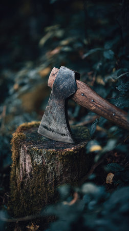 An ax rests on a moss-covered tree stump, surrounded by blurred green foliage. The close-up shot emphasizes the textured surfaces of the wood and metal. The soft lighting creates a natural, atmospheric effect. This image is suitable for illustrating themes related to forestry, tools, or outdoor activities.の素材