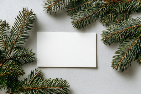 A rectangular white card rests centrally, framed by vibrant green evergreen branches. The composition exhibits a close-up perspective, with soft lighting and a neutral background. This image is suitable for holiday-themed marketing materials, announcements, or presentations where copy space is desired for text overlay.の素材