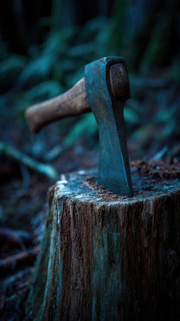 An ax is embedded in a weathered tree stump in a forest setting. The image showcases the tool's metallic head and wooden handle with natural textures and rich colors. The composition utilizes a shallow depth of field, with a blurred background suggesting a dense, outdoor environment. Suitable for editorial or commercial applications.の素材