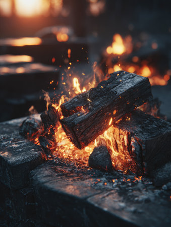 Close-up of burning wood logs reveals a mesmerizing display of fiery flames and glowing embers. The composition showcases rich textures and warm color tones. The setting suggests an outdoor environment with soft lighting. This image is suitable for various commercial purposes, including visual content and editorial projects.の素材