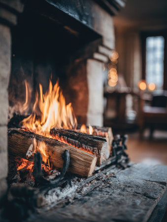 An indoor view showcases a fireplace with vibrant flames consuming wooden logs. The scene features warm tones, soft lighting, and textures such as stone and wood. This composition evokes comfort. Suitable for various applications, including editorial content, promoting relaxation, or illustrating winter concepts.の素材