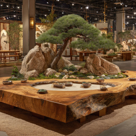 An indoor scene features a bonsai tree artfully arranged with rocks and small planters on a large wooden platform. The composition highlights natural textures and shapes, enhanced by ambient lighting. Suitable for artistic, decorative, or educational contexts, the image offers visual appeal with potential uses for design or editorial projects.の素材