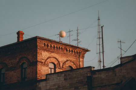 An architectural image shows a brick building's facade, featuring arched windows and a chimney. The composition includes antennas and a satellite dish against a clear, gradient sky. The warm color palette and textures suggest a daytime environment suitable for various commercial or editorial applications.の素材