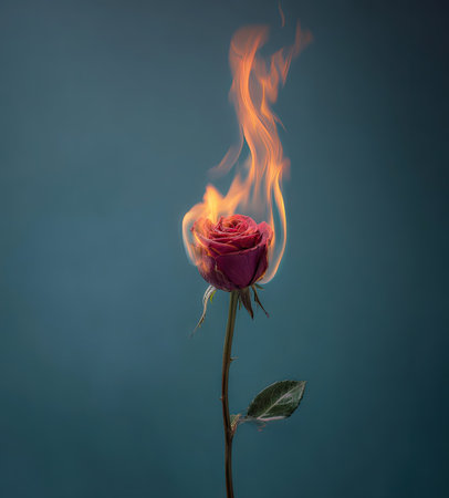 A single rose enveloped in flames is depicted against a teal backdrop. The image showcases a vivid contrast between the red flower and the fiery orange, with soft textures and controlled lighting. It might be suited for illustrating themes such as love, loss, or transformation in various artistic or conceptual applications.の素材