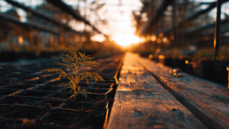 An interior shot showcases rows of young plants thriving inside a greenhouse. The composition features a wooden walkway leading towards a bright sunset. The warm golden light creates long shadows and highlights the textures of the wood and the foliage. This image could be suitable for illustrating agricultural or environmental themes.の素材