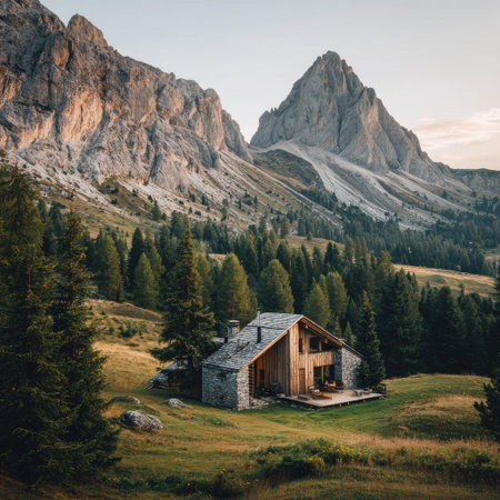 A wooden cabin is situated at the foot of large mountains. The scene displays a combination of various green shades from trees and grasses. The image has a natural lighting and showcases a peaceful, rural setting. This photo can be used for promotional material related to travel or nature.の素材