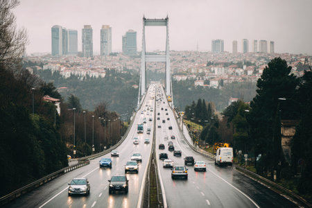 Numerous vehicles travel across a large suspension bridge under an overcast sky. The road is wet, reflecting the light. Distant buildings form a cityscape, framed by trees along the bridge's edges. This image could be used for various commercial projects related to transportation and urban environments.の素材