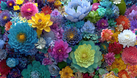 This image presents a dense collection of colorful flowers, with a variety of textures and shapes. The composition is a close-up, highlighting the different shades of blue, pink, yellow, and green. This image could be used for various commercial projects related to nature or design, illustrating concepts like beauty and abundance.の素材