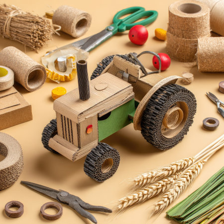 A handmade cardboard tractor model is surrounded by crafting tools and wheat stalks. The composition features a neutral tan background, with elements arranged for visual interest. The overhead lighting highlights the textures and shapes of the objects. Suitable for illustrating agricultural themes or creative projects.の素材