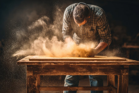 A carpenter is shown working on a wooden table, with a cloud of dust rising. The scene has warm tones, with focused lighting on the subject, and a dark background. The image suggests a workshop setting. This image could be useful for illustrating craftsmanship or carpentry.の素材