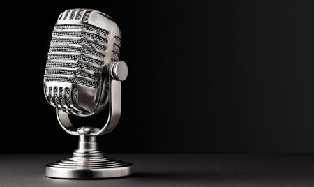 A close-up view presents a vintage microphone against a dark backdrop. The chrome-colored microphone exhibits a retro design, showing detailed textures. The image uses focused lighting, creating depth. This composition could be used for various media purposes related to audio, music, or broadcasting, including editorial and commercial projects.の素材