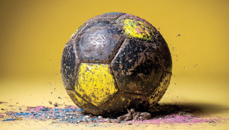 A close-up captures a weathered soccer ball, its black and yellow panels showing signs of use. The ball sits against a solid yellow backdrop, with traces of colorful powder adding textural detail. The image suggests action and can be used for various projects related to sports and games.の素材
