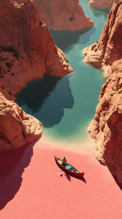 An aerial perspective showcases a boat on a body of water winding through a canyon. The visual features include reddish-brown rock formations, turquoise water, and a bright pink foreground. The image has a high-angle shot creating a sense of depth and scale, suitable for various editorial and commercial applications.の素材