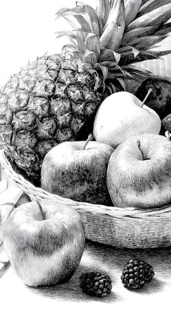 A grayscale illustration presents a still life arrangement of various fruits within a woven basket. The composition features apples, a pineapple, and other berries. The image showcases detailed textures and shading creating a classic artistic style. Suitable for commercial projects or editorial use related to food, health, and wellness.の素材